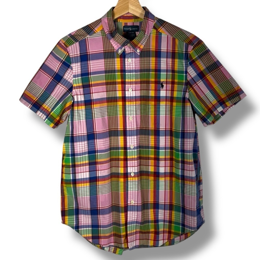 Ralph Lauren Vintage Madras Plaid Short Sleeve Button Down Shirt, Multicolor, XL